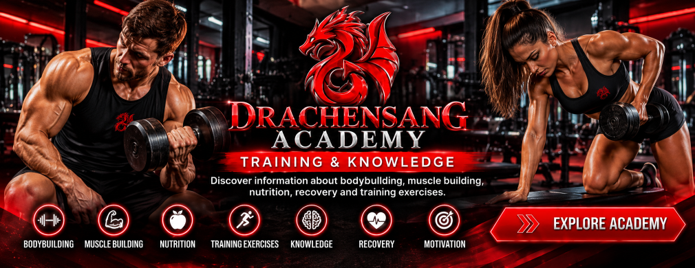 Drachensang Academy Global – Man and woman strength training with dumbbells in a gym – Bodybuilding, muscle building, nutrition, recovery and training exercises.